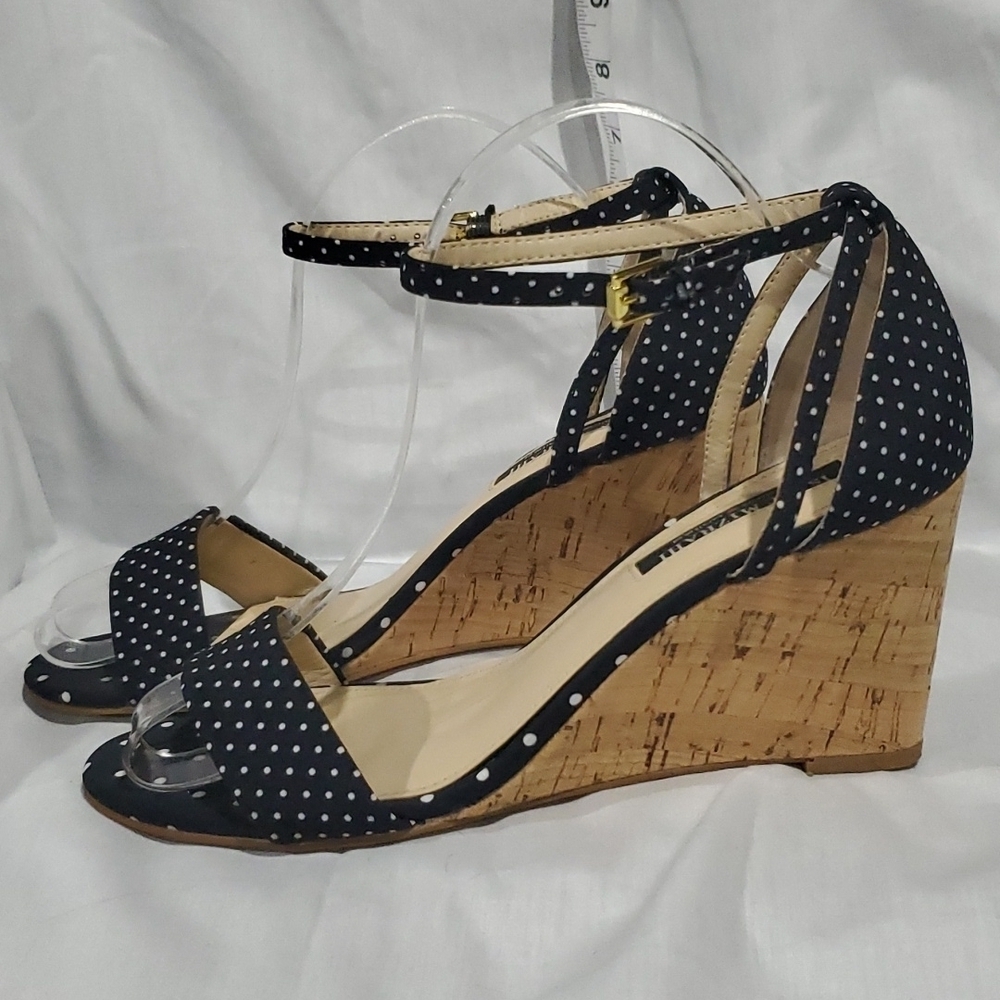 Isaac Mizrahi highline united cork wedge strappy peep toe polka-dot sandals